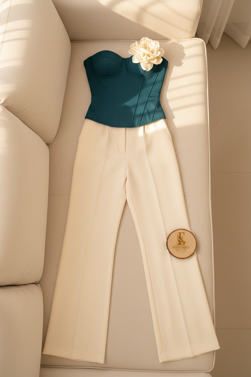 Set Bicolor Corset Teal con Flor 3D y Pantalón Crema Exclusivo cod.804