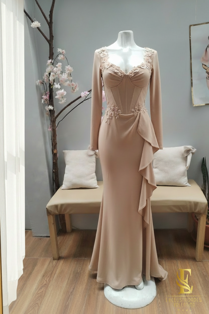 Vestido Champagne Manga Larga con Corset y Flores D cod.V280