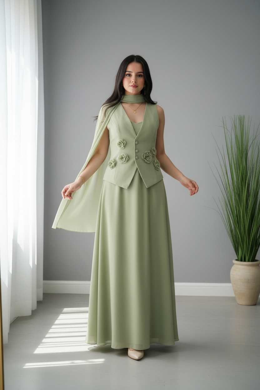 Conjunto Verde Salvia Chaleco con Rosas 3D y Capa cod.C638