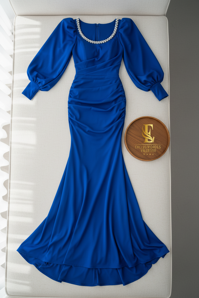 Vestido Azul Royal Manga Larga Cuello Perlas cod.0018