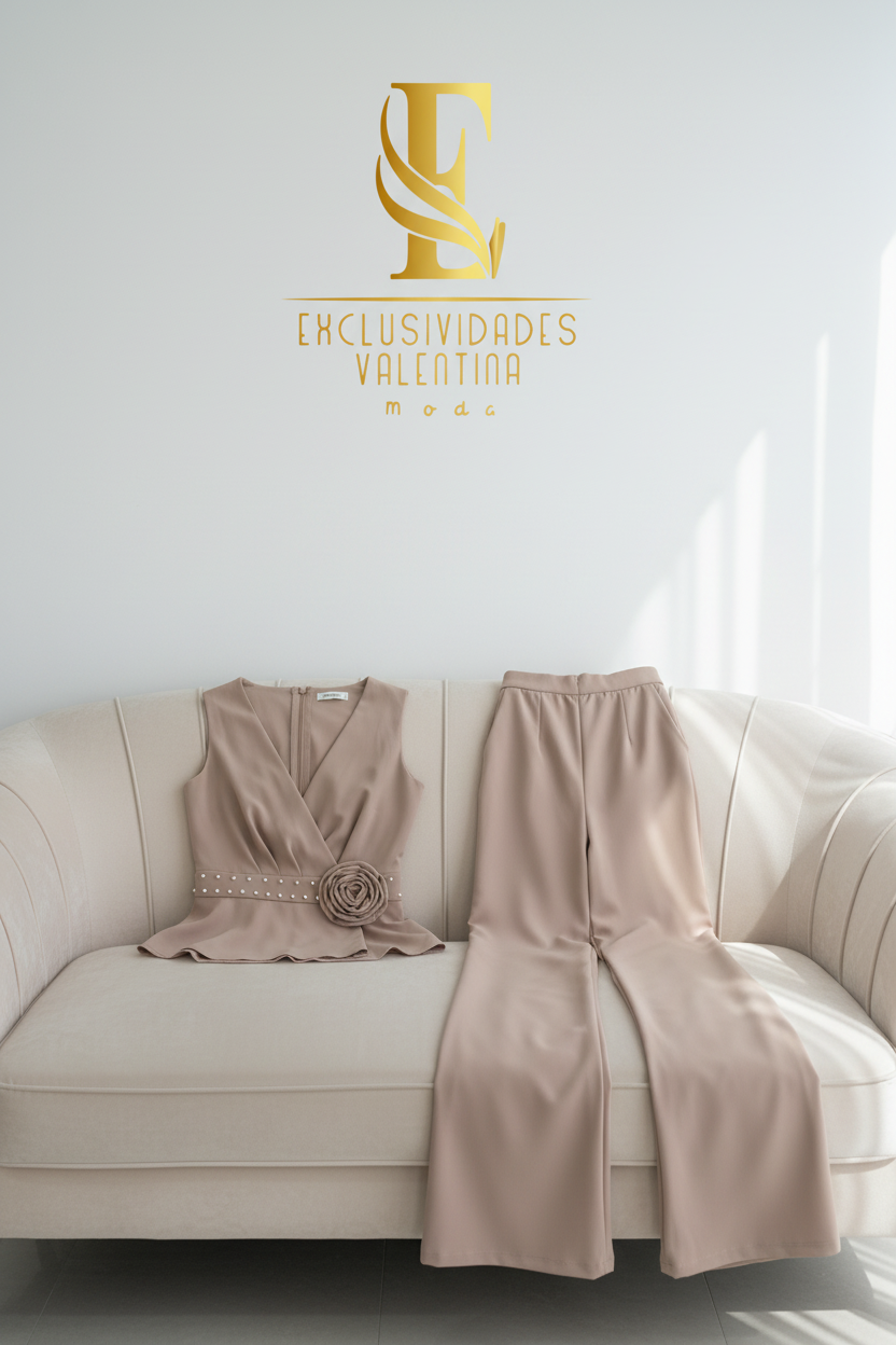 Conjunto taupe  Rosa 3D Perlas + Palazzo cod.C585