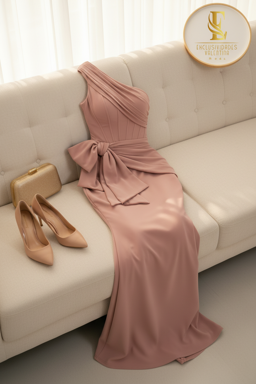 Vestido Rosa Palo Un Hombro Lazo Frontal Sirena cod.00178