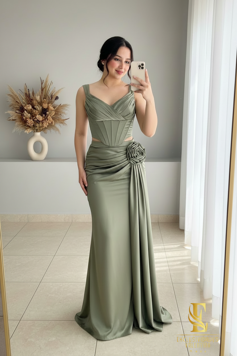 Conjunto Verde Salvia | Corsé con Rosa 3D y Falda Drapeada cod.C443