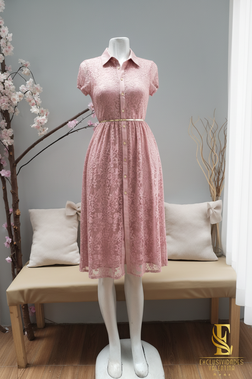 Vestido Rosa Palo Encaje Camisero Midi con Cinturón Dorado cod.V293