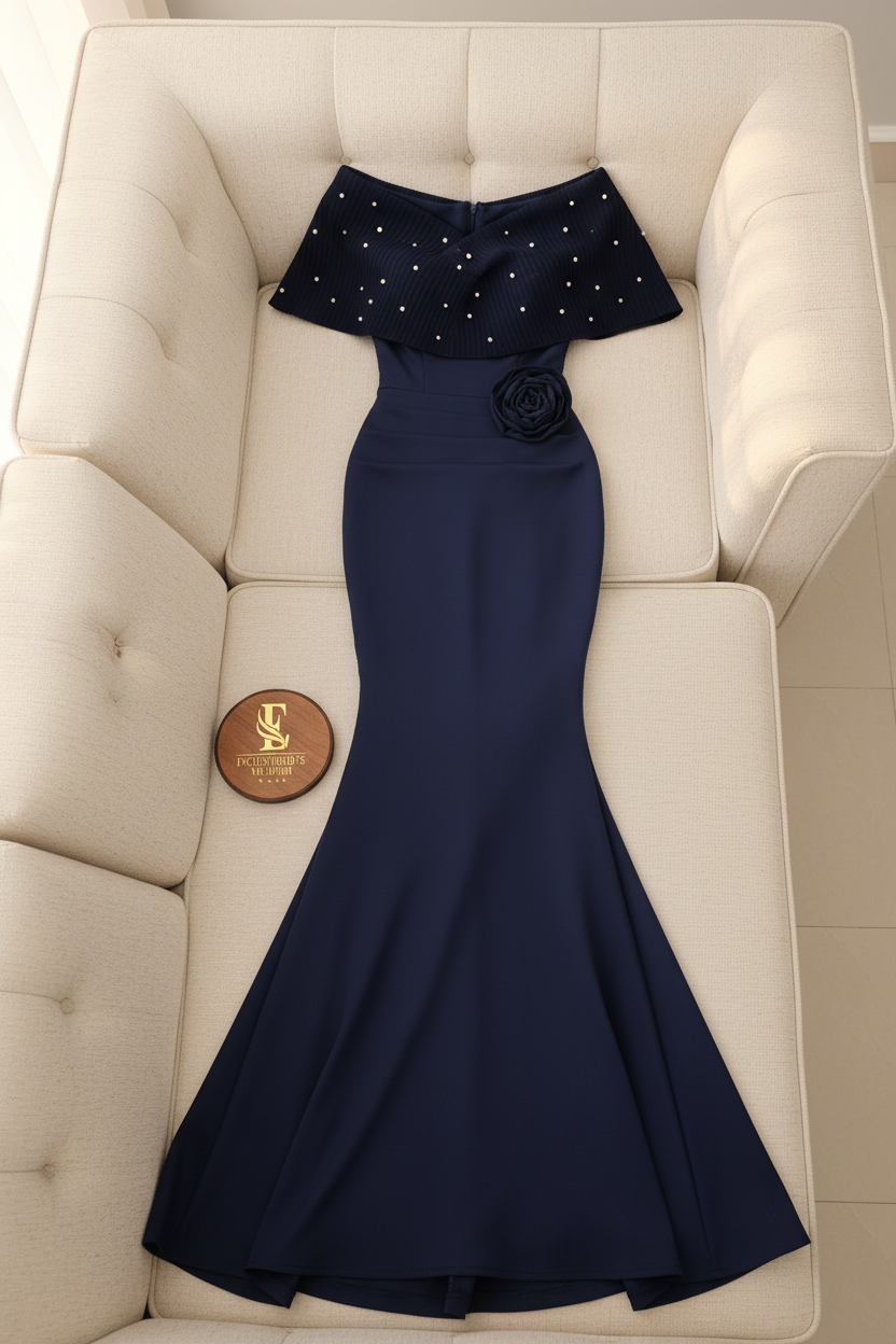 Vestido Sirena Azul Marino con Perlas y Rosa 3D Exclusivo cod.805