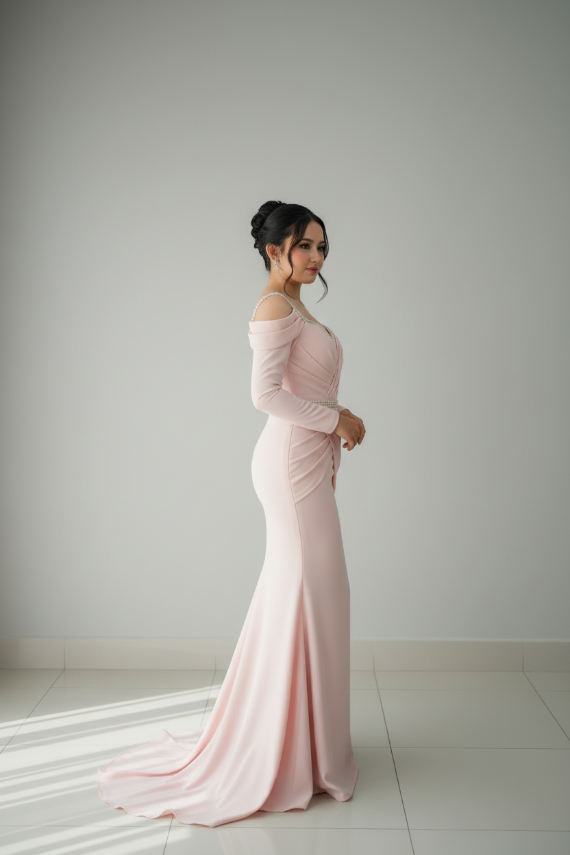 Vestido Rosa Palo Sirena Drapeado Strass cod.V240