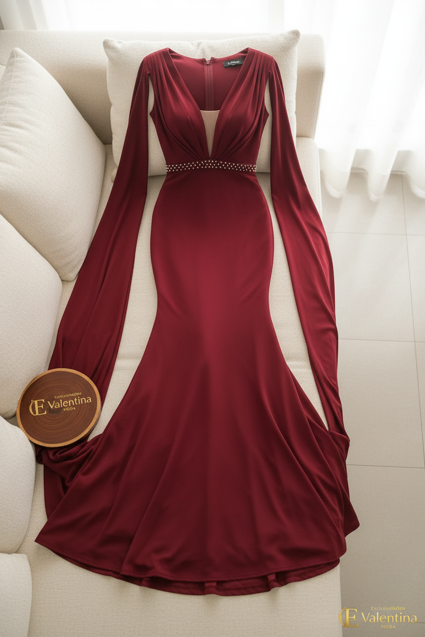 Vestido Vino Escote V Profundo Mangas Capa Cinturón Perlas cod.920