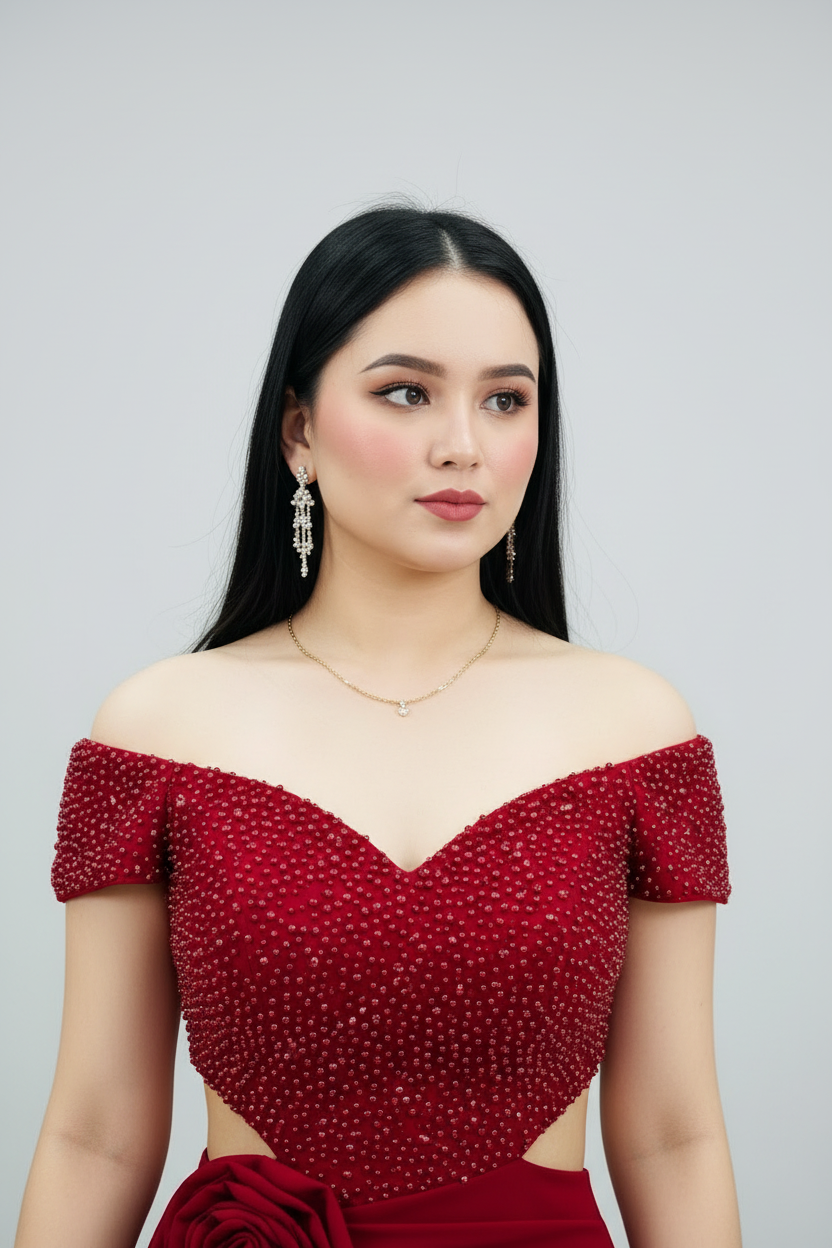 Vestido Formal Rojo Off-Shoulder Corset de Perlas con Cutout y Rosa D cod.520