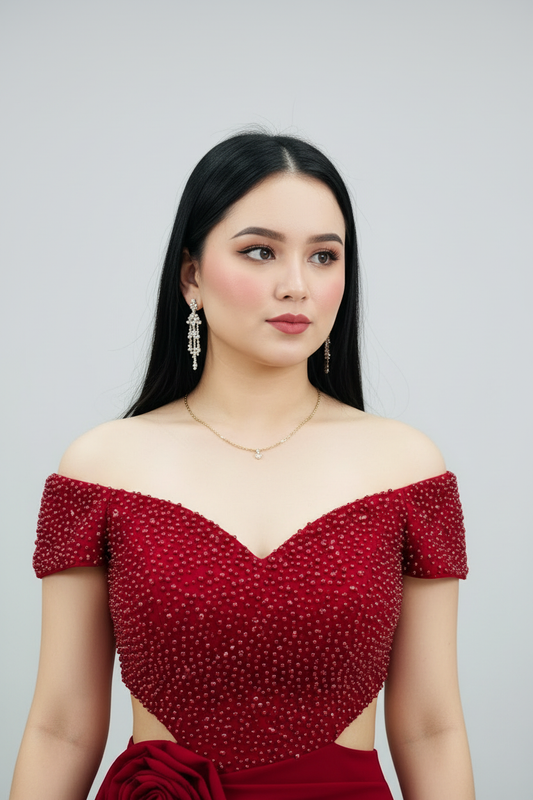 Vestido Formal Rojo Off-Shoulder Corset de Perlas con Cutout y Rosa D cod.520