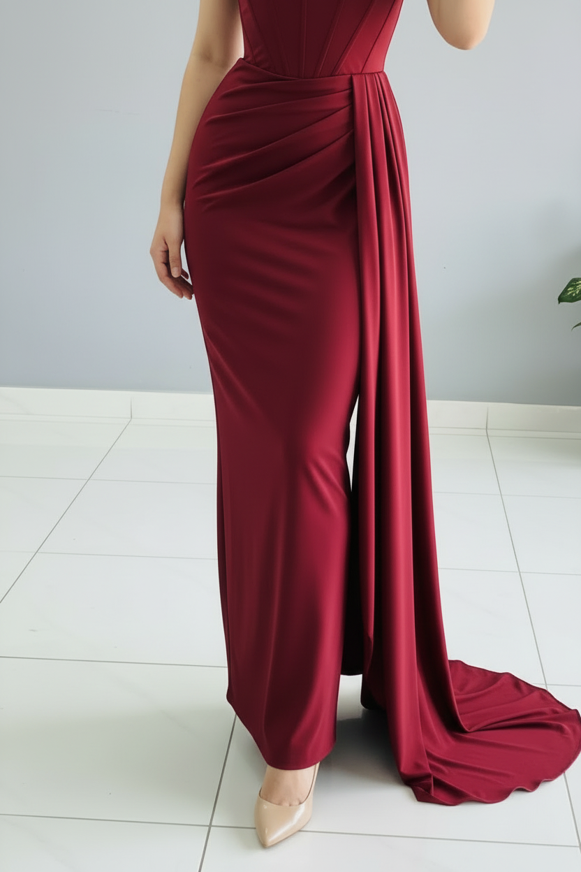 Vestido Rouge Siren – Gown Borgoña con Rosa & Cola Dramática cod.669