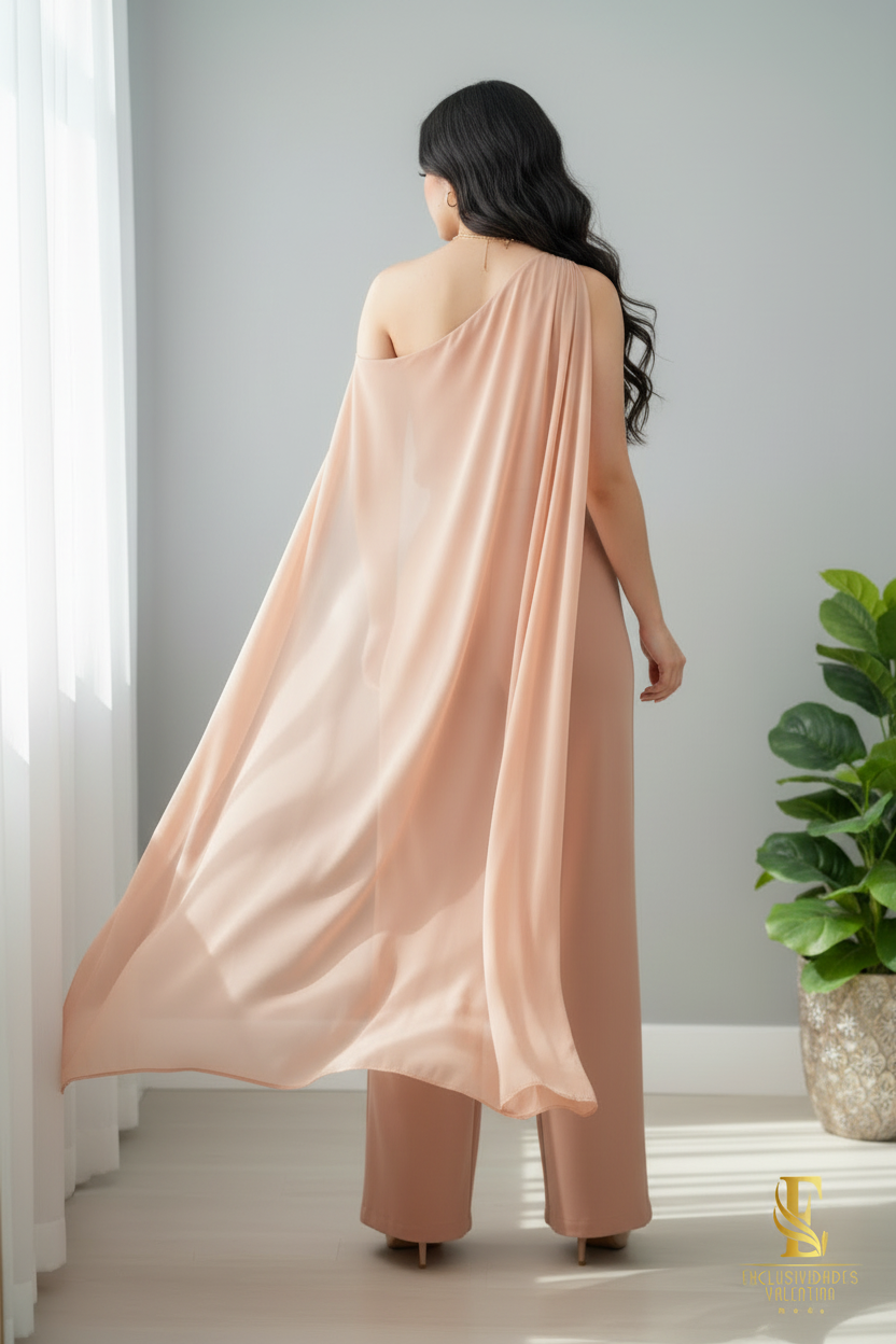Conjunto Nude Salmón — Top Drapeado Un Hombro Rosa 3D con Capa & Palazzo cod.0045