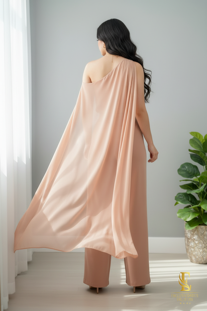 Conjunto Nude Salmón — Top Drapeado Un Hombro Rosa 3D con Capa & Palazzo cod.0045
