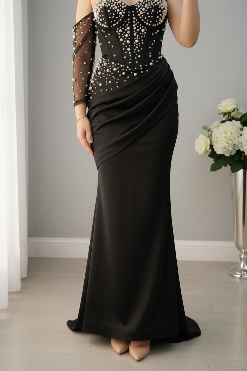 Vestido Largo Negro Sirena Strapless con Perlas Degradé y Manga Larga de Tul cod.V974