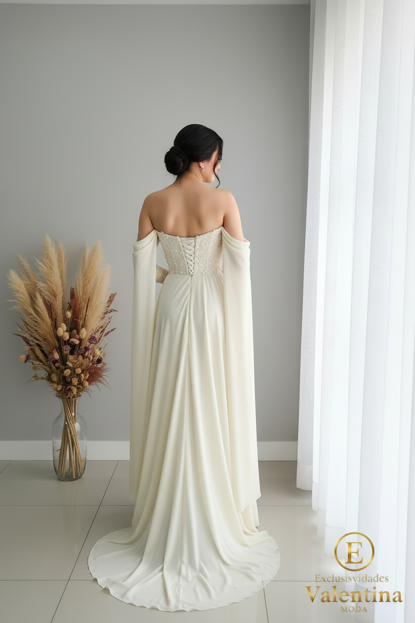 Vestido Novia Ivory Off Shoulder Mangas Fluidas Abertura cod.V401