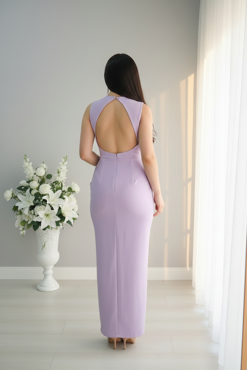 Vestido Largo Lila Lavanda Sin Mangas cod.V979