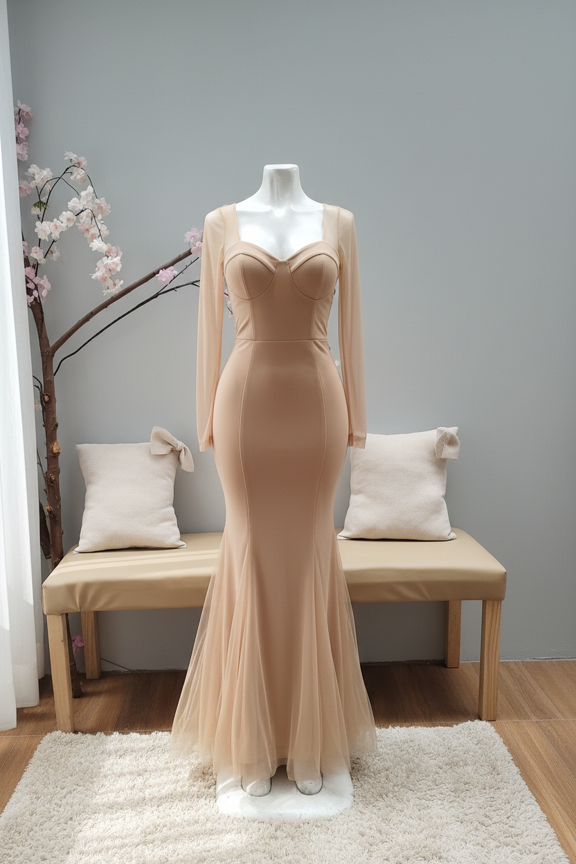 Vestido Nude Sirena con Tul y Tirantes cod.V363