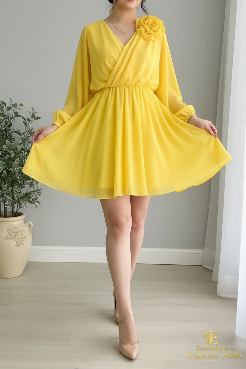 Vestido Amarillo Escote V Cruzado Manga Globo Rosa 3D Falda Chifón cod.940