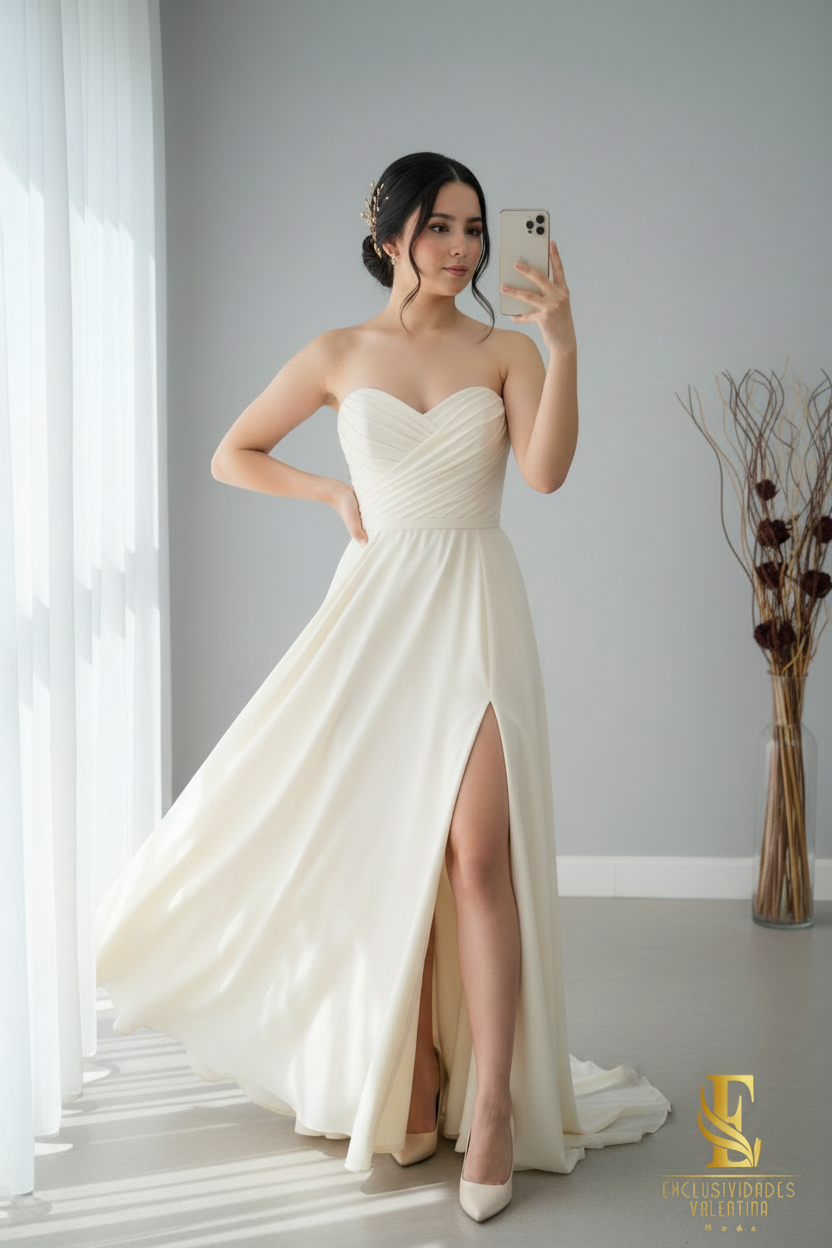 Vestido Ivory Strapless Escote Corazón con Gasa y Abertura cod.V282