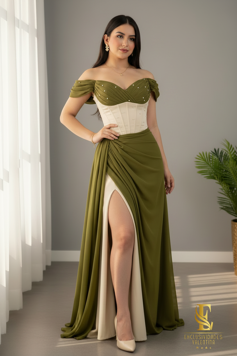 Vestido Verde Oliva Off-Shoulder con Corsé Crema y Abertura cod.V672