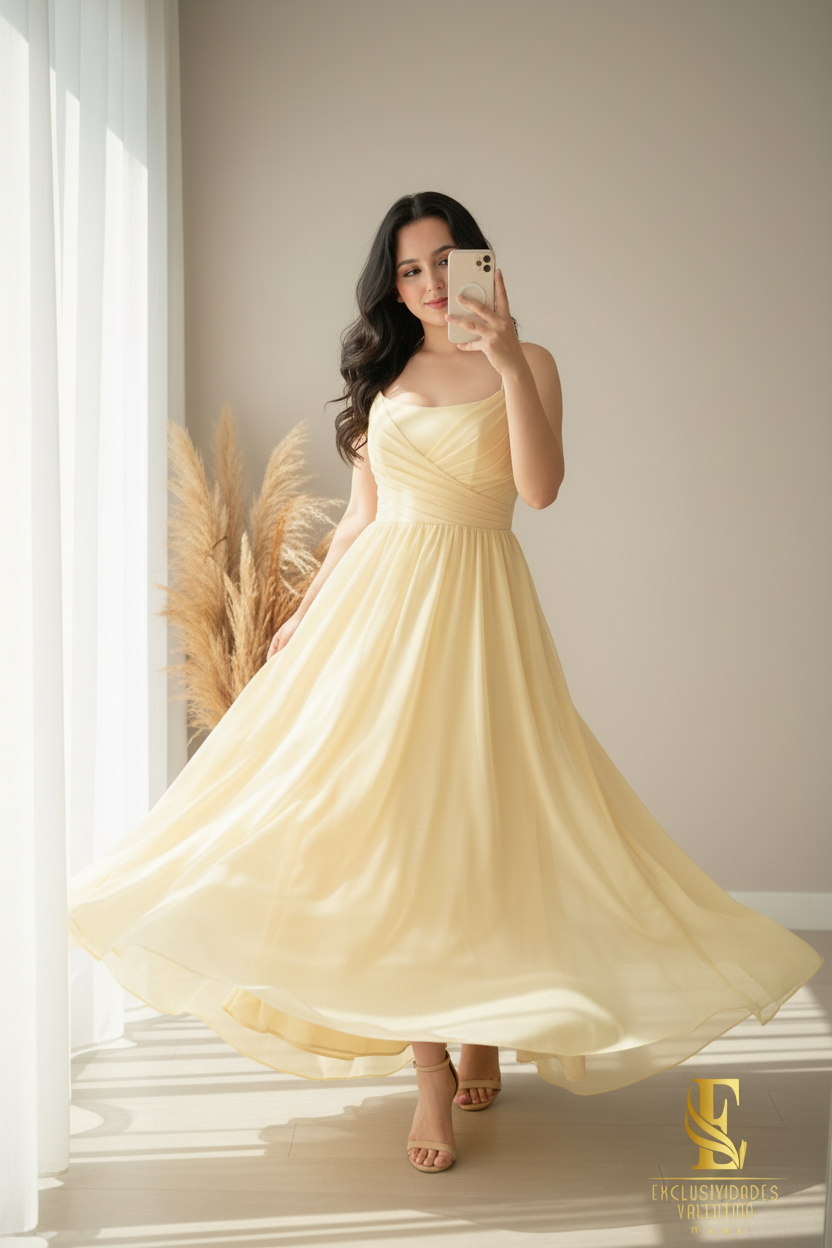 Vestido Amarillo Pastel Chifón A-Line con Tirantes y Cuerpo Drapeado cod.0078