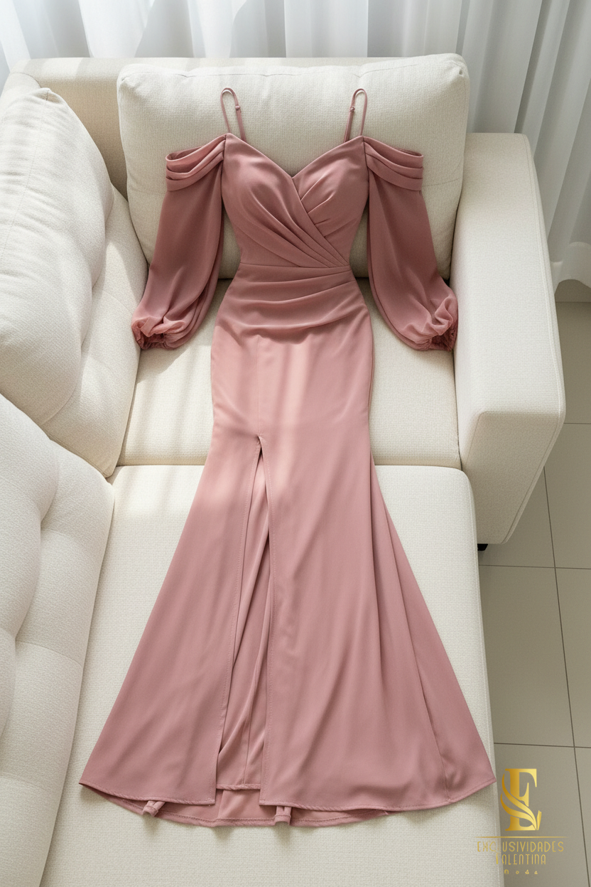 Vestido Rosa Palo Off-Shoulder Manga Puff cod.V343