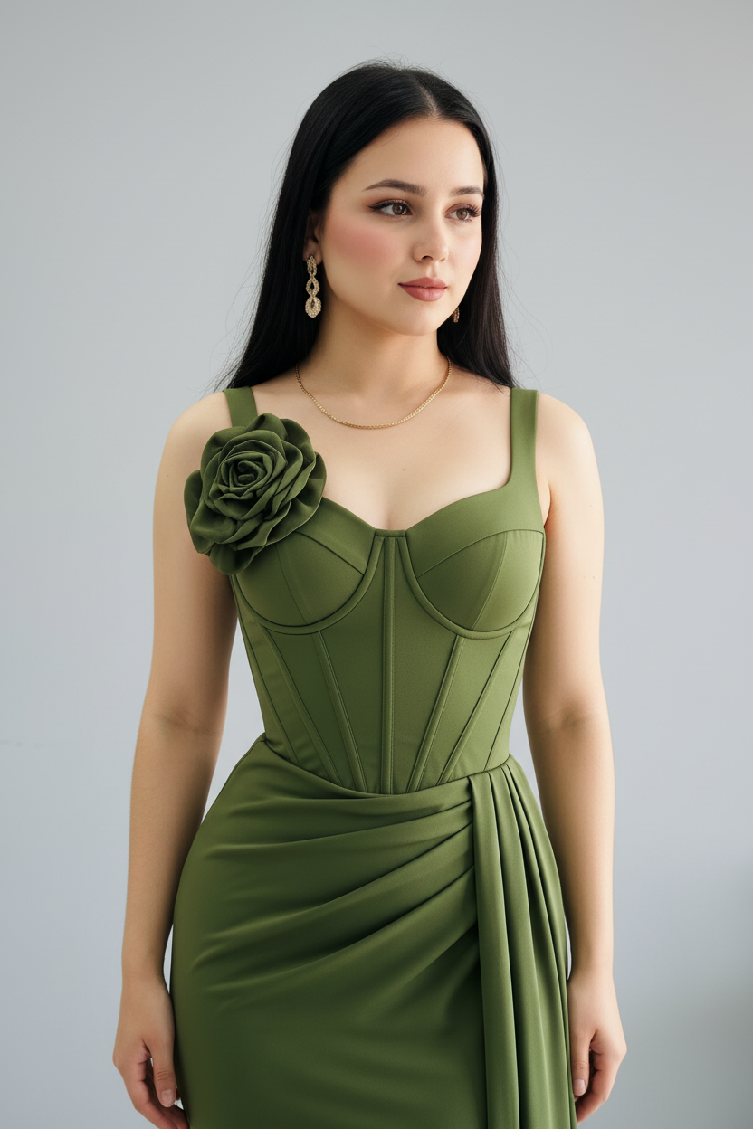 Vestido Sirena Verde Oliva Rosa 3D y Cola cod.635
