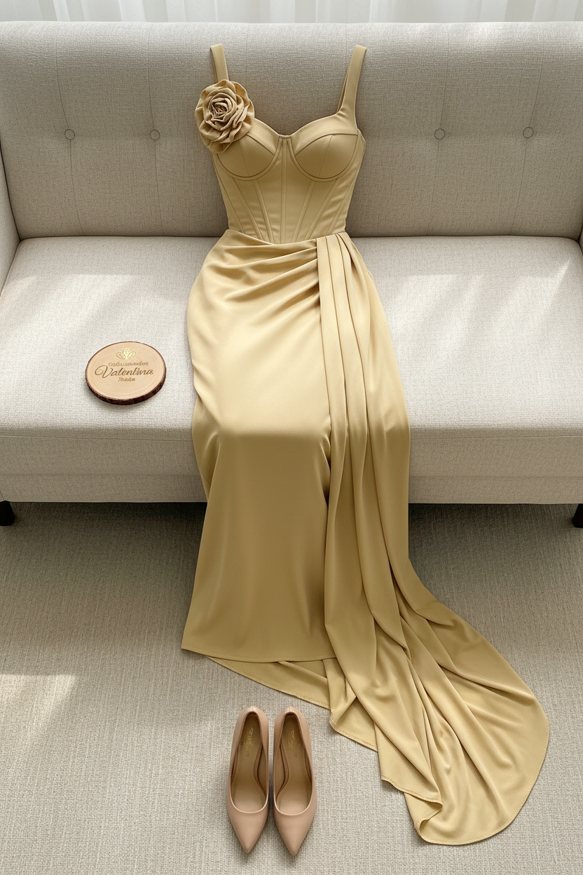Vestido Golden Corset – Gown Dorado con Rosa & Cola Dramática cod.670