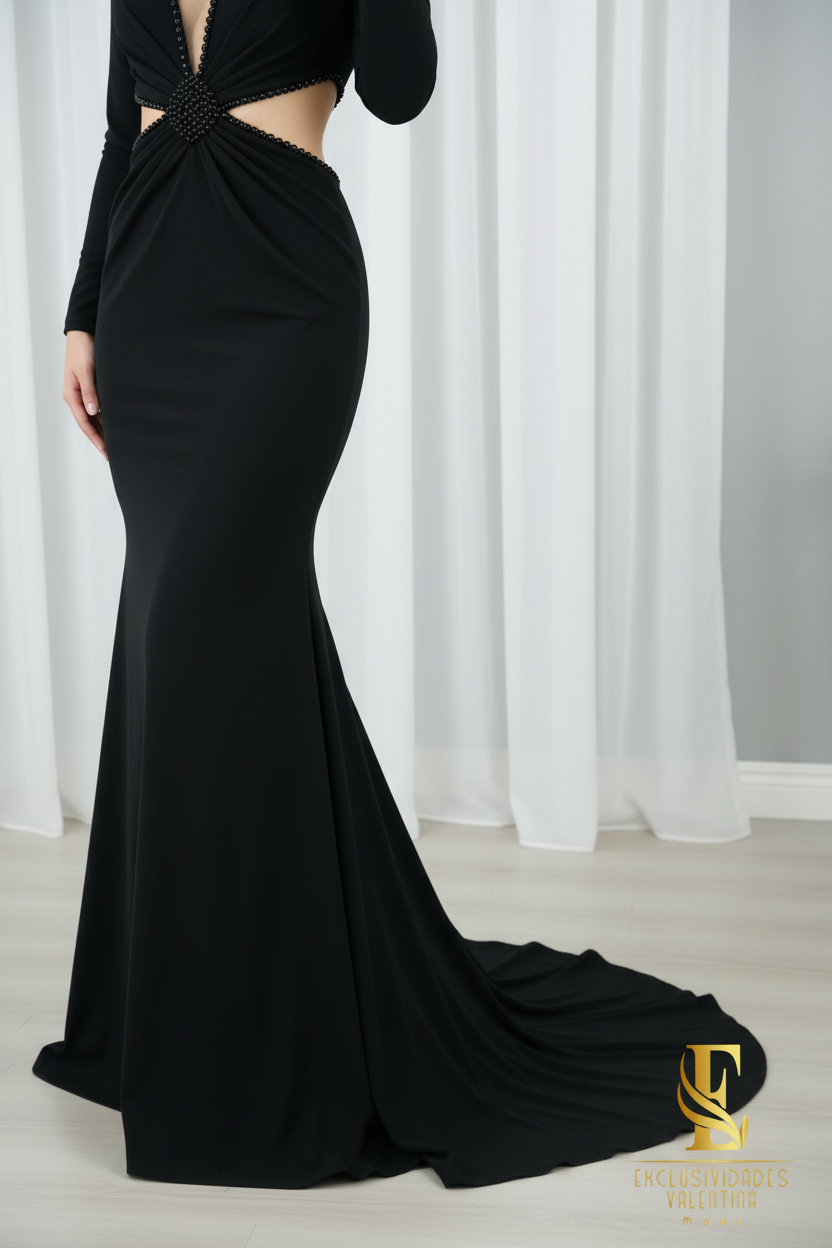Vestido Negro Perlas Manga Larga cod.998