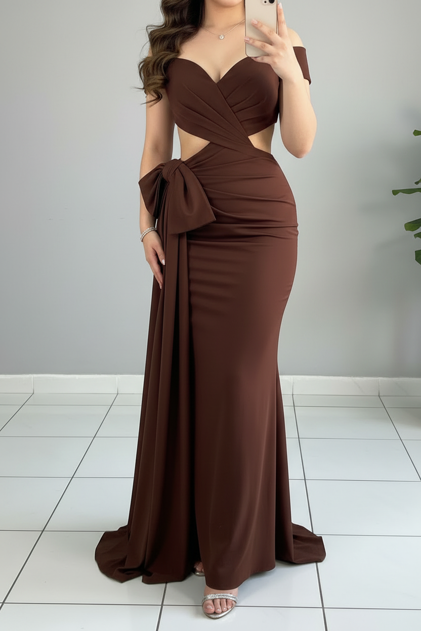Vestido Formal Chocolate Off-Shoulder con Cutout y Lazo Lateral Falda Sirena cod.542