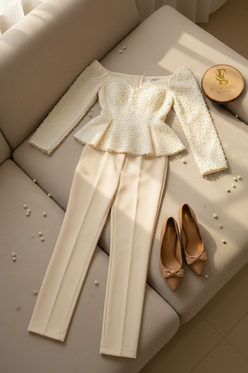 Blusa Peplum Crema Off-Shoulder con Perlas y Mangas Largas cod.529