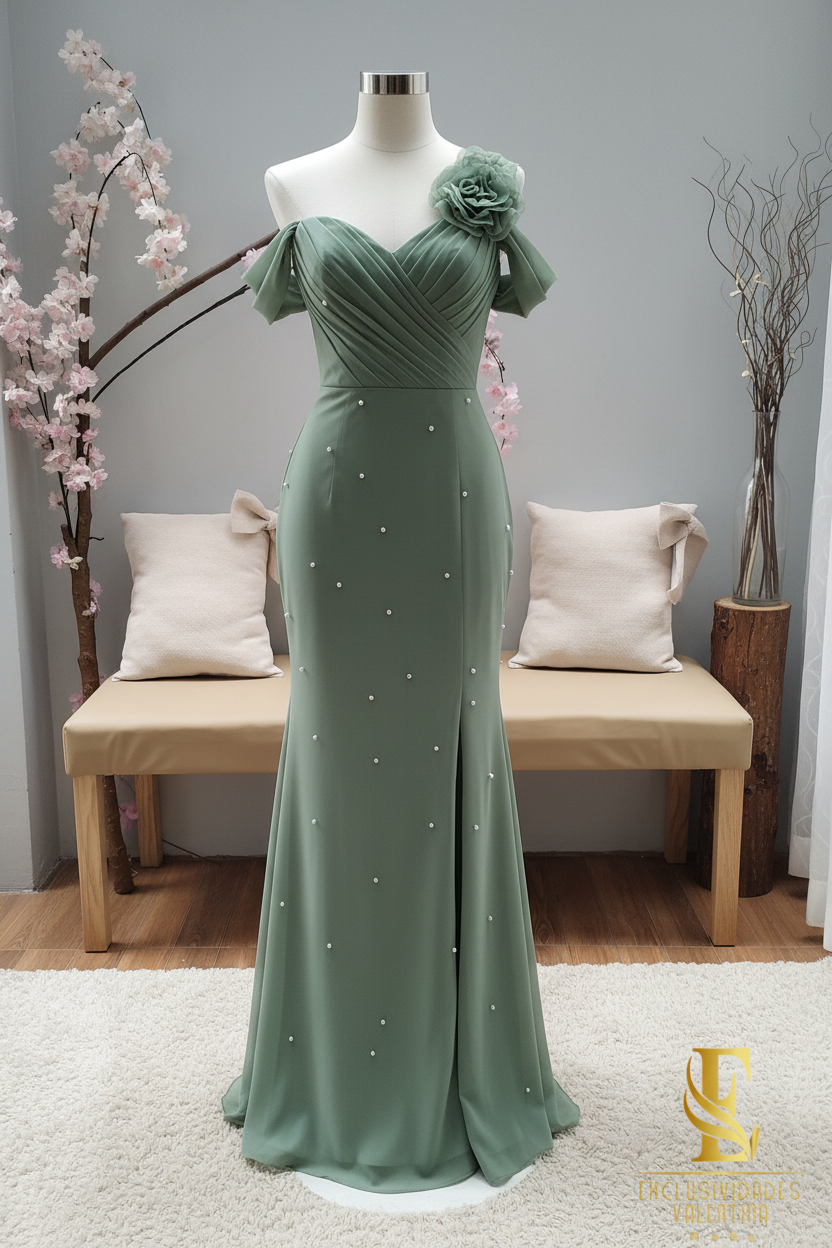 Vestido Verde Salvia Sirena con Perlas cod.V341