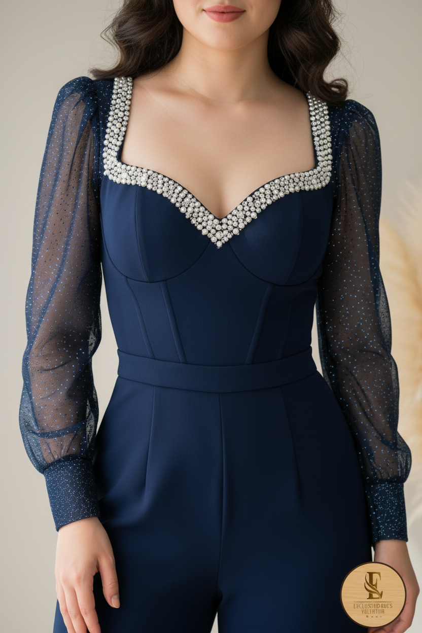 Enterizo Azul Marino Palazzo Manga Tul Pedrería Escote Corazón cod. 00107
