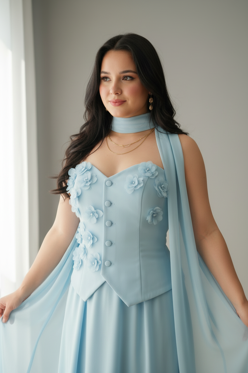 Conjunto Azul Cielo con Capa y Rosas D cod.C637
