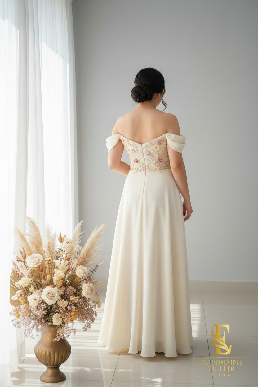 Vestido Ivory Off Shoulder Bordado Floral 3D cod.V397