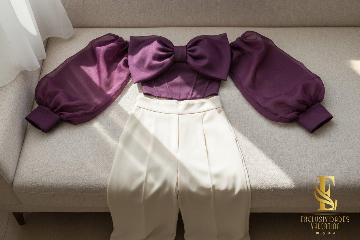 Blusa Corset Morada con Lazo y Mangas Organza cod.B506