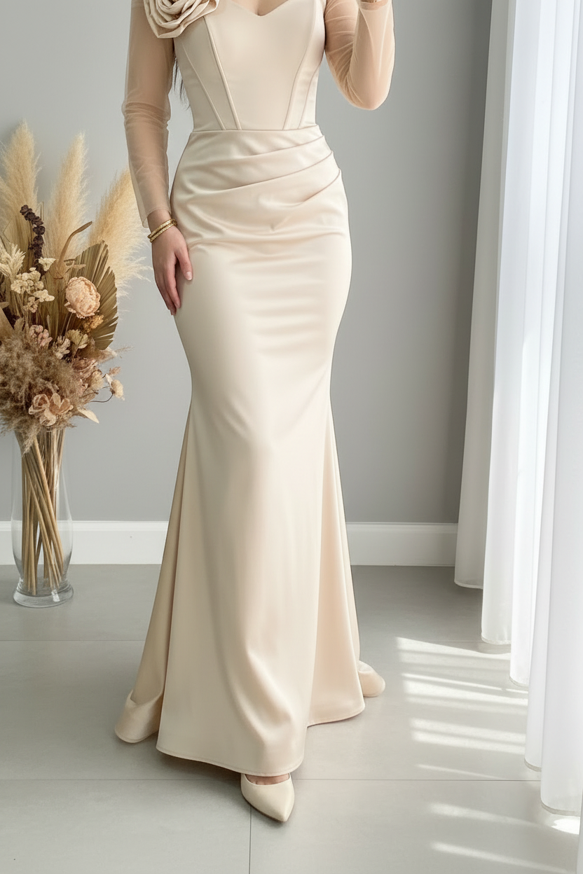 Vestido Champagne Manga Tul Asimétrica Rosa D cod.V423