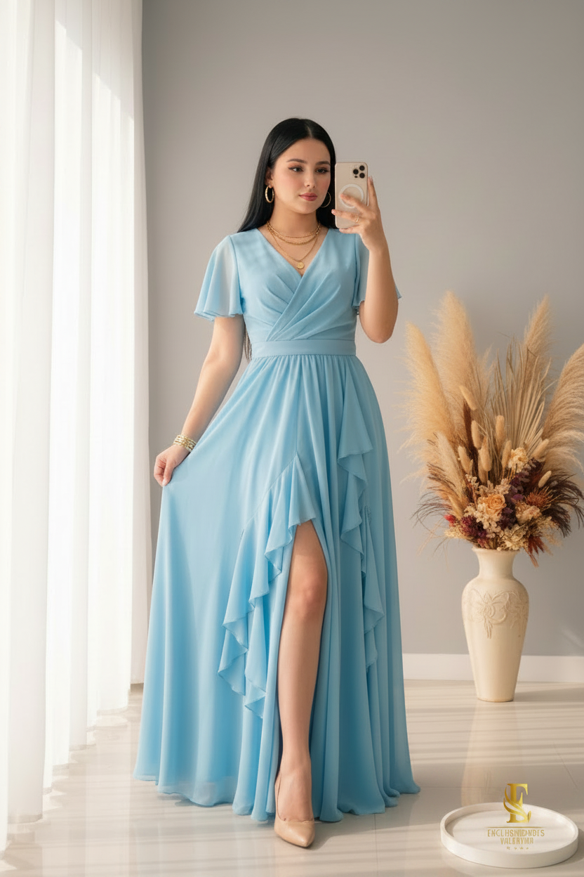 Vestido Azul Cielo Gasa Manga Mariposa cod.00165