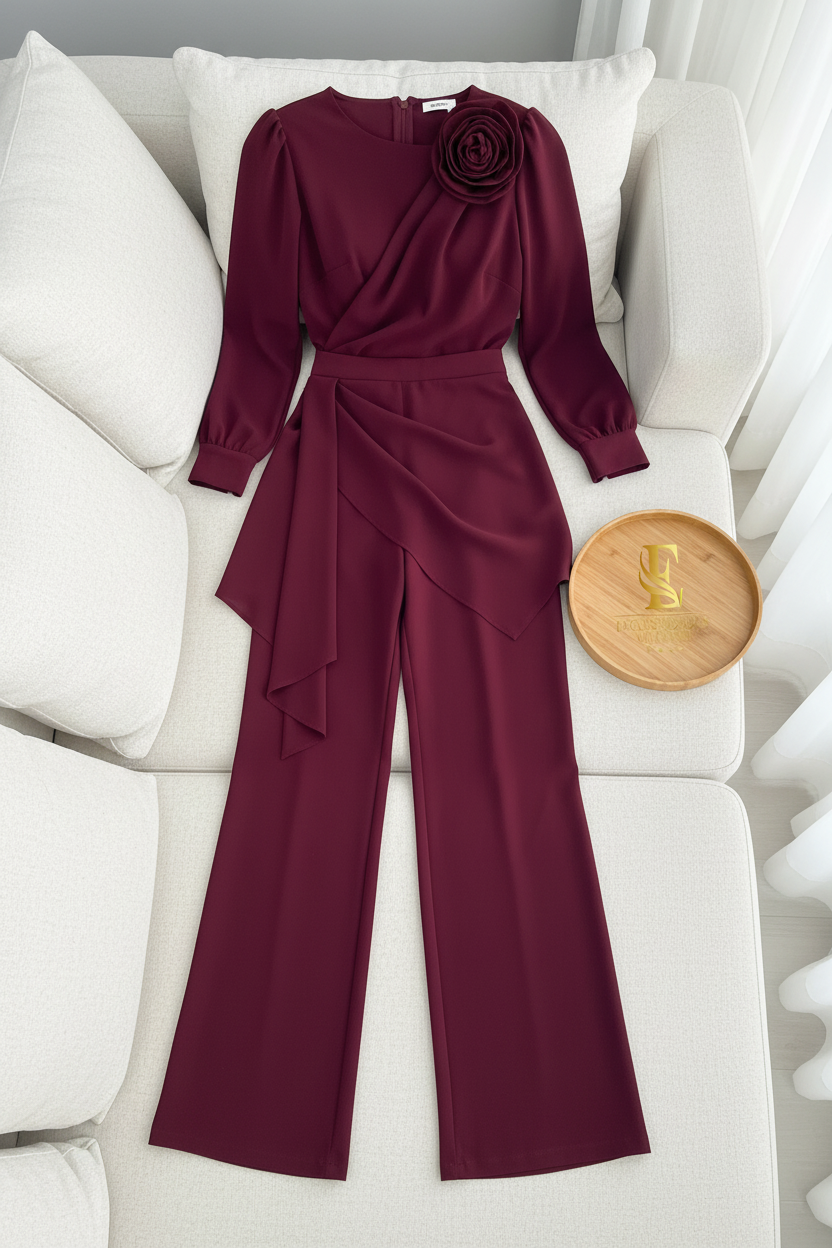 Conjunto Vino — Blusa Rosa & Falda Drapeada con Palazzo cod.0031