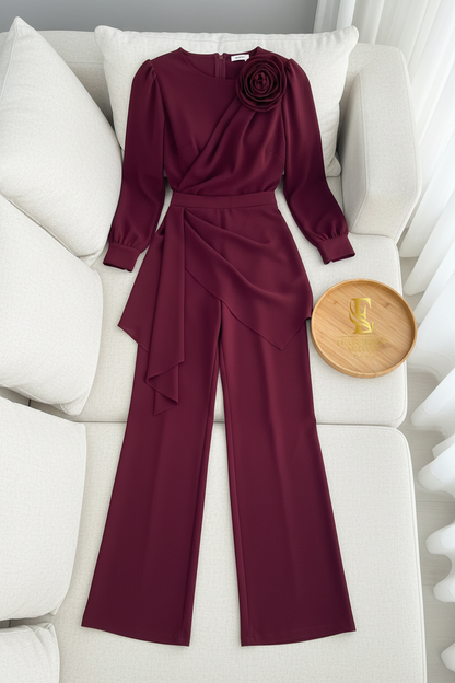 Conjunto Vino — Blusa Rosa & Falda Drapeada con Palazzo cod.0031