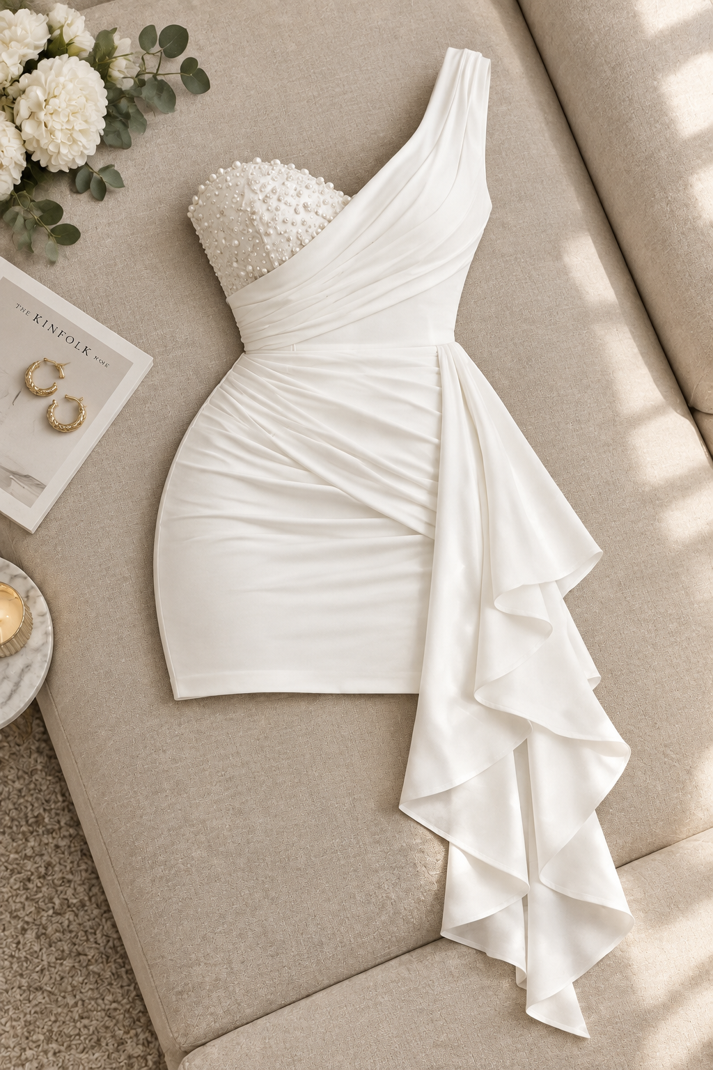 Mini Vestido Blanco Un Hombro Bustier Perlas Cascada Lateral cod.V0047
