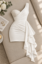 Mini Vestido Blanco Un Hombro Bustier Perlas Cascada Lateral cod.V0047