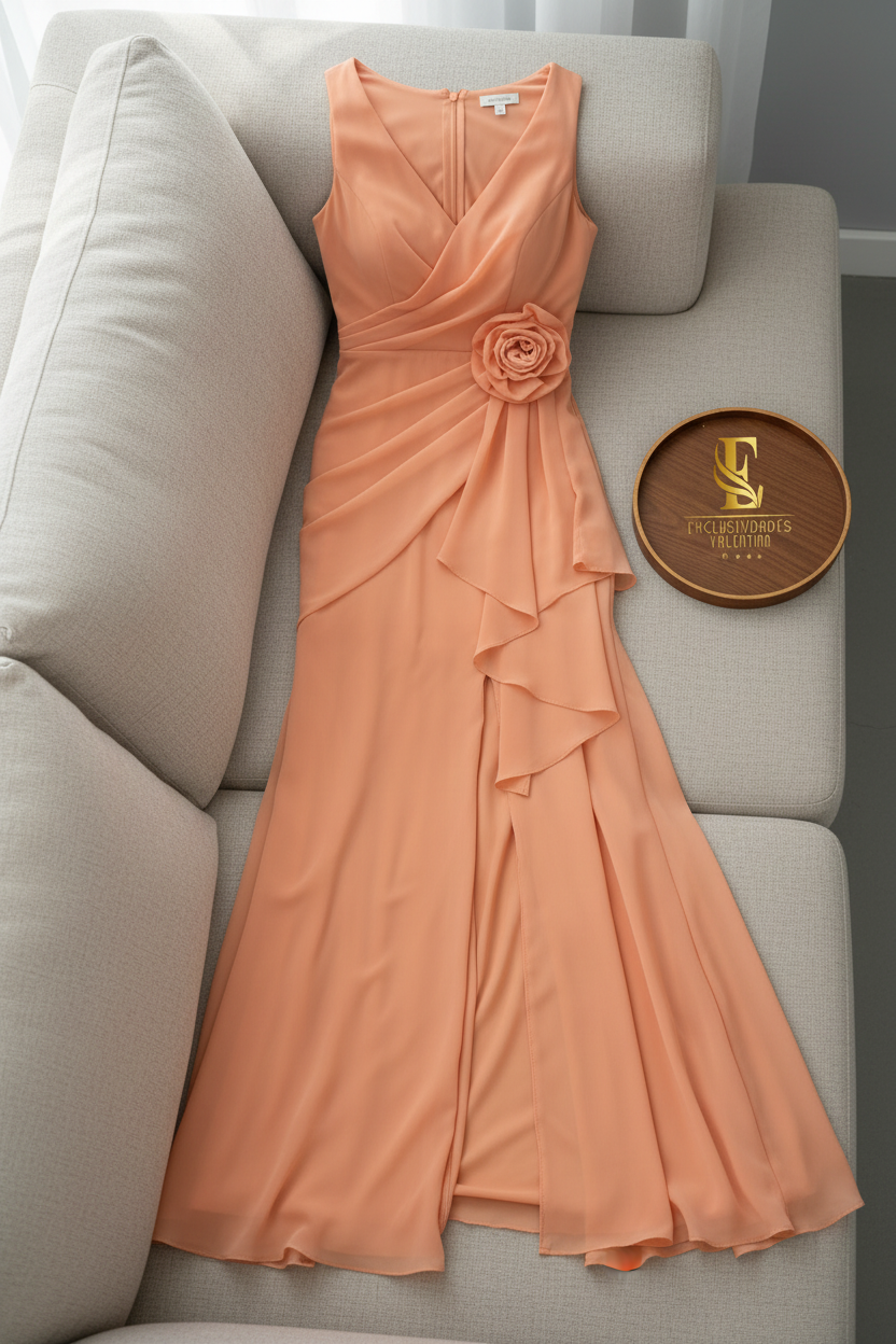 Vestido Salmón Sin Mangas Sirena con Rosa 3D y Volantes cod.966