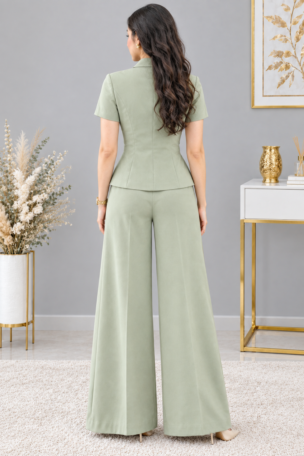 Conjunto Verde Sage Blazer Cruzado Perlas Manga Corta + Palazzo cod.CJ003