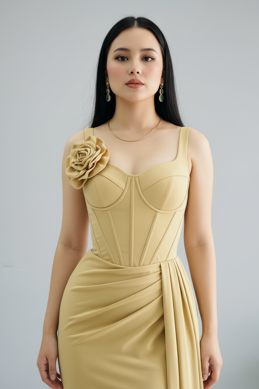Vestido Golden Corset – Gown Dorado con Rosa & Cola Dramática cod.670