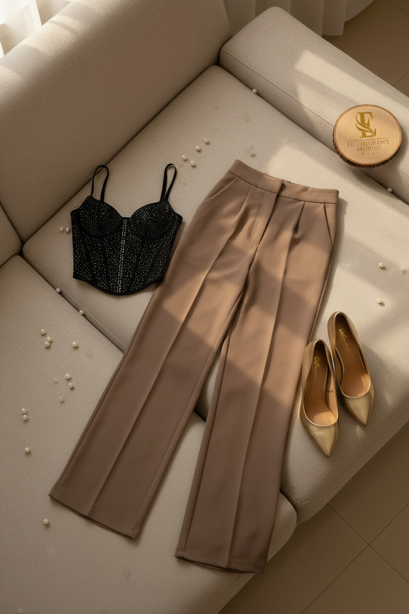 Conjunto Bustier Negro con Brillos y Pantalón Palazzo Topo cod.556