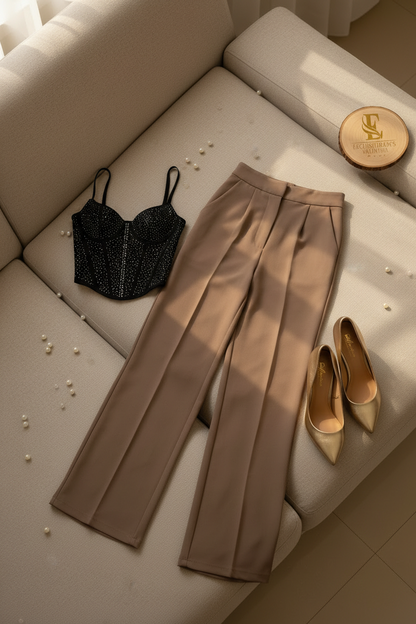 Conjunto Bustier Negro con Brillos y Pantalón Palazzo Topo cod.556