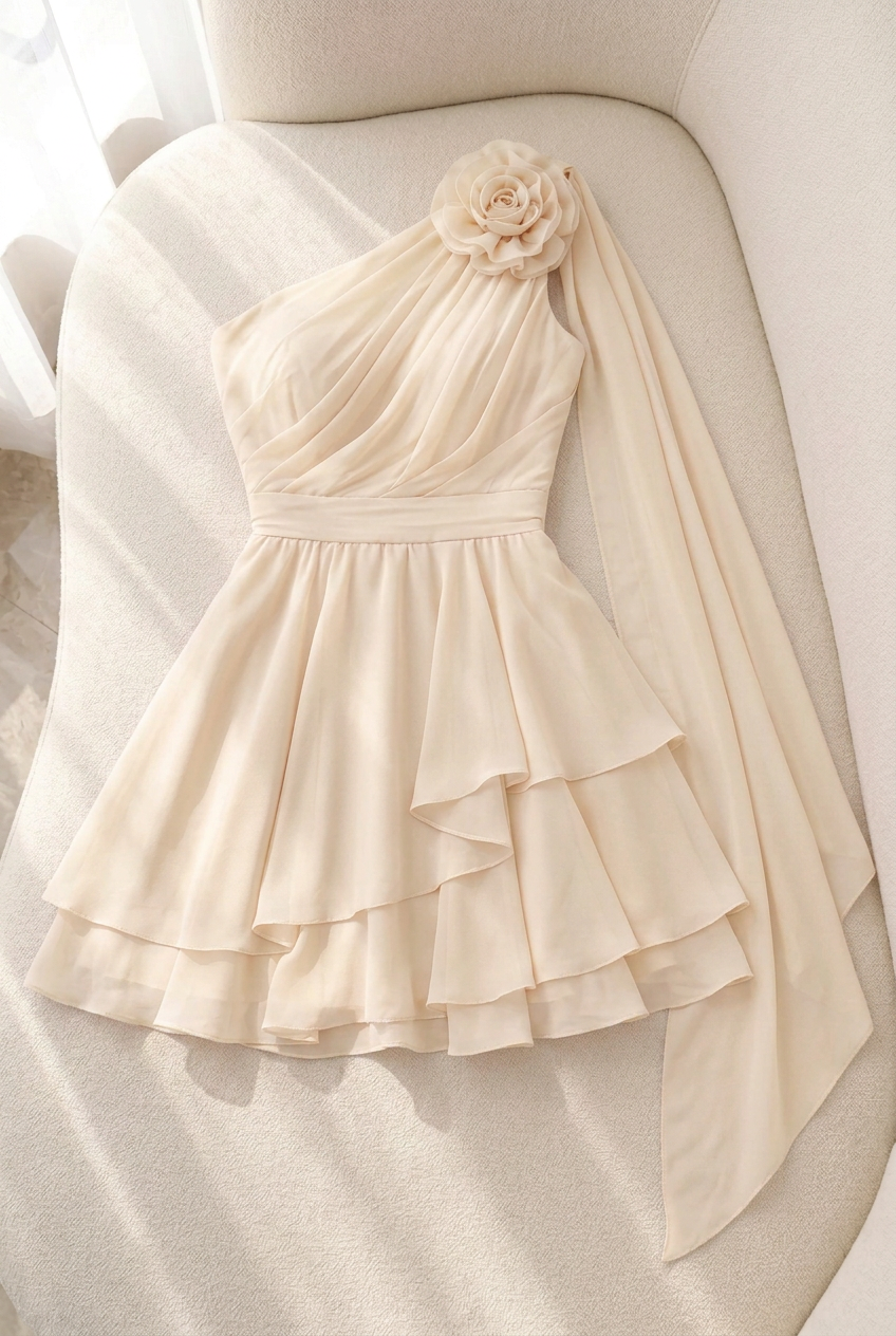 Vestido corto crema de un hombro con flor y volantes cod. VC037