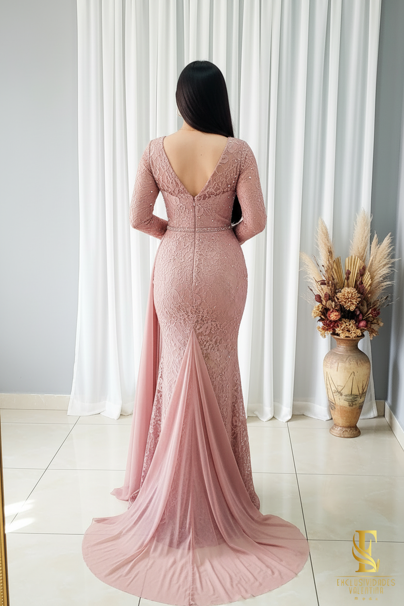 Vestido Rosa Palo Encaje Manga Larga con Pedrería y Capa Tul cod.V291