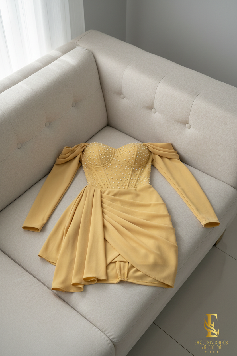 Vestido Dorado Corset Perlas cod.V325