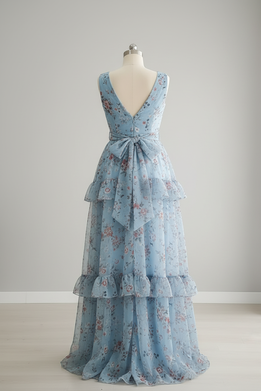 Vestido Azul Floral — Escote V, Volantes & Abertura cod.862